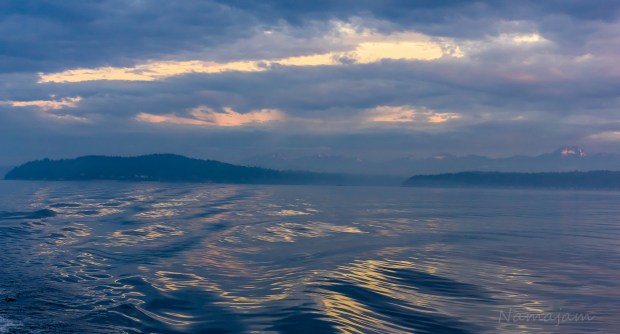 Pre-sunrise Puget Sound, mountain on right receiving first light