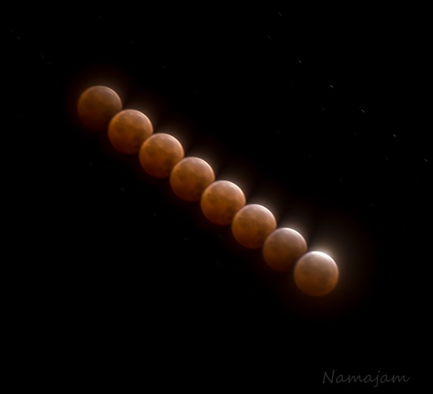 Blood Moon, Interval Composite (in camera) 2 min apart, 9 sec each.  A little too long on the exposure...lessons learned. 