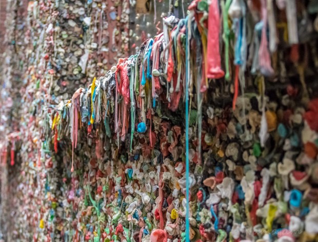 Part of the gum wall. Located near the Pike Place Market, an entire brick wall where people stick their gum...nasty but colorful. 